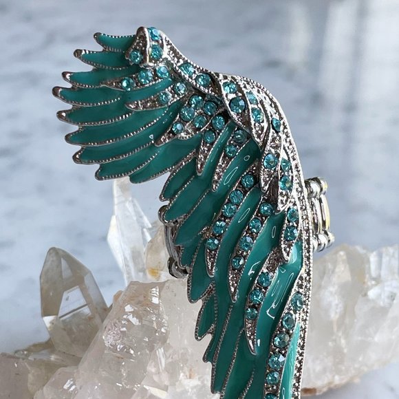 Enameled Angel Wing Ring with Crystals & Whimsy, Stretch Adjustable Sizing - Picture 2 of 6
